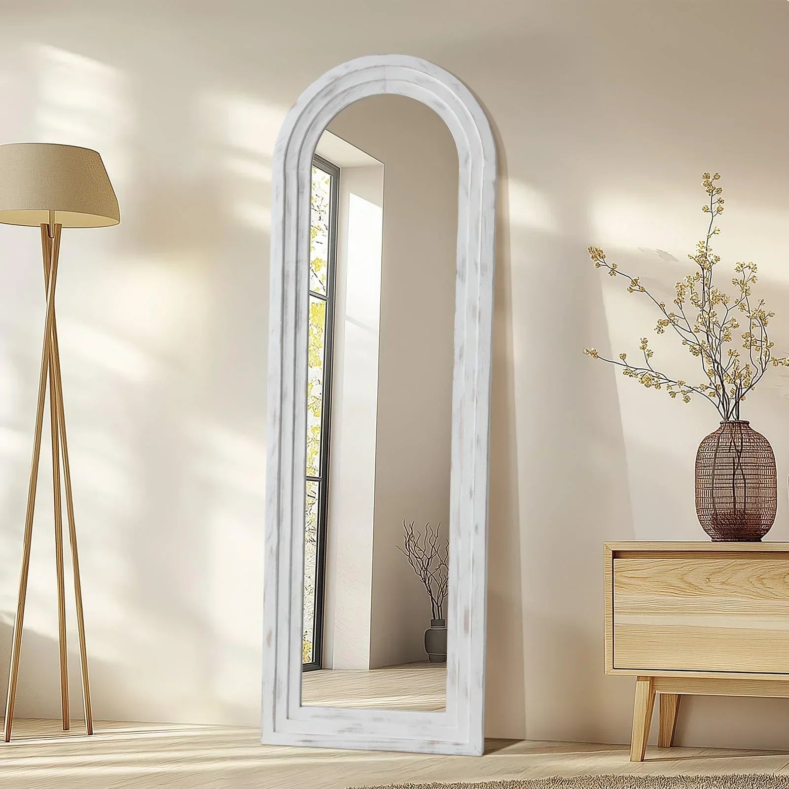 MELOMOIR Arched Full Length Mirror with Solid Wood Frame, Rustic Farmhouse Floor Mirror with Stand, Free Standing Leaning Hanging, for Bedroom Living Room Dressing Room