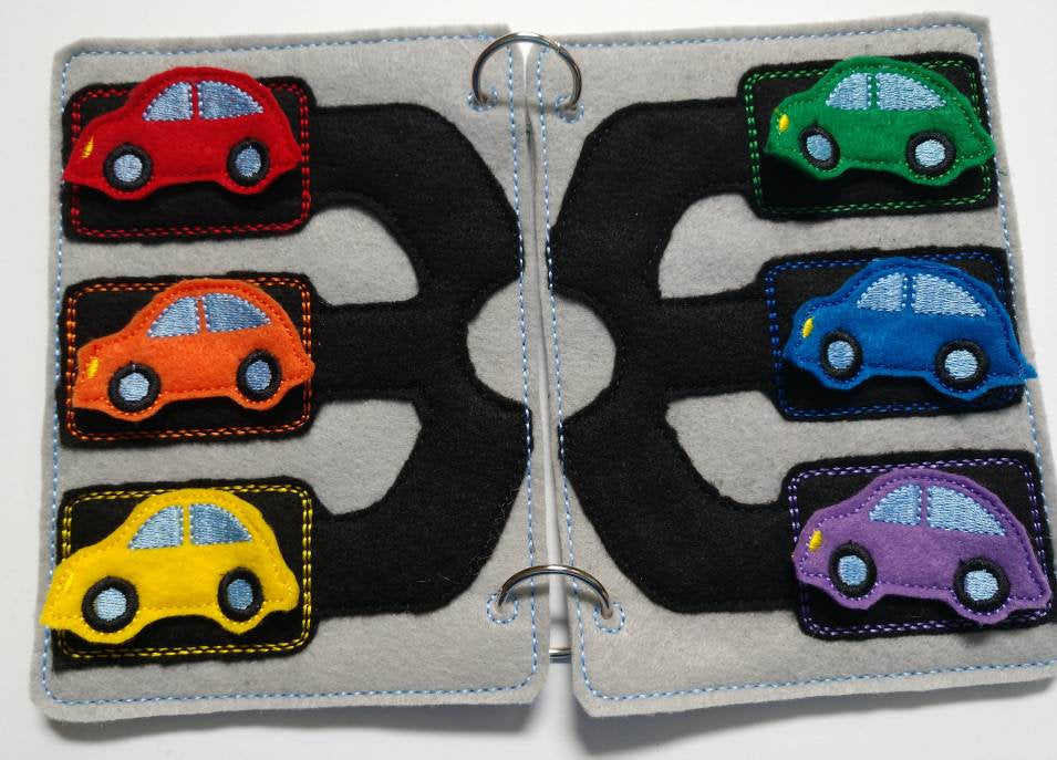 Color match Quiet book page - racecar play mat  - Color car Match - race track - color sorting - counting game - educational - learning toy