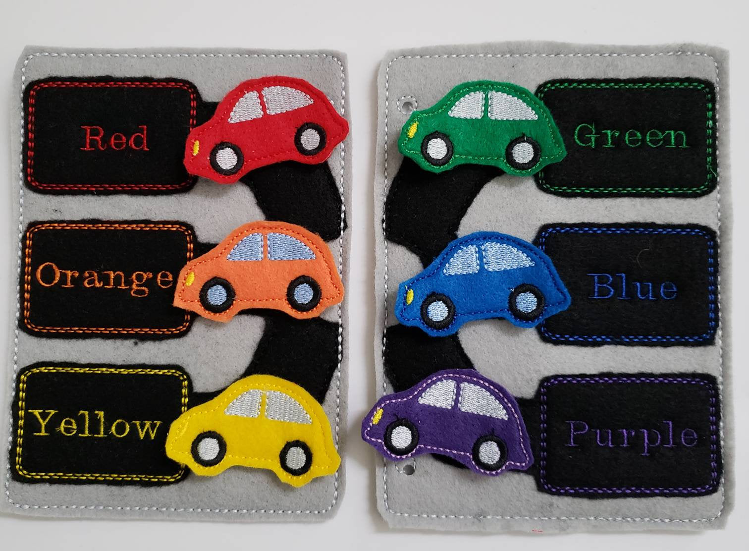 Color match Quiet book page - racecar play mat  - Color car Match - race track - color sorting - counting game - educational - learning toy
